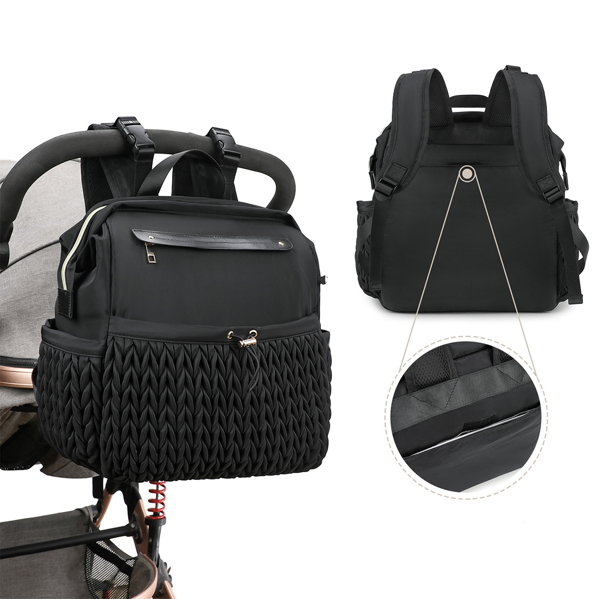 Waterproof Quilted Polyester Mommy Diaper Backpack-Stroller Compatible Design