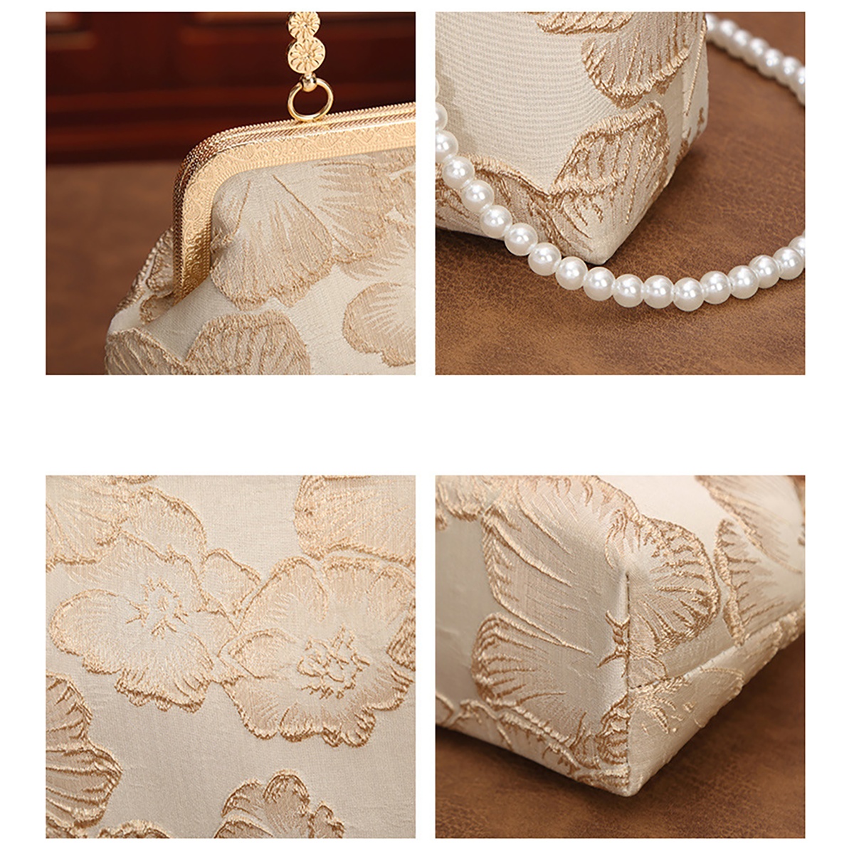 Chinese Style Kiss Lock Floral Shell Evening Bag with Pearl Chain -Versatile Pearl And Chain Straps