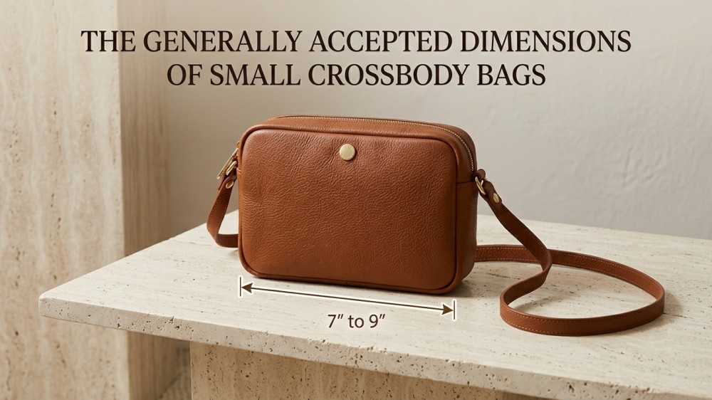 Leather crossbody bag showing seven-to-nine-inch length.