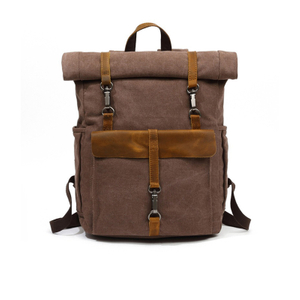 Vintage Canvas Roll-Top Laptop Backpack with Buckled Front Storage Pocket