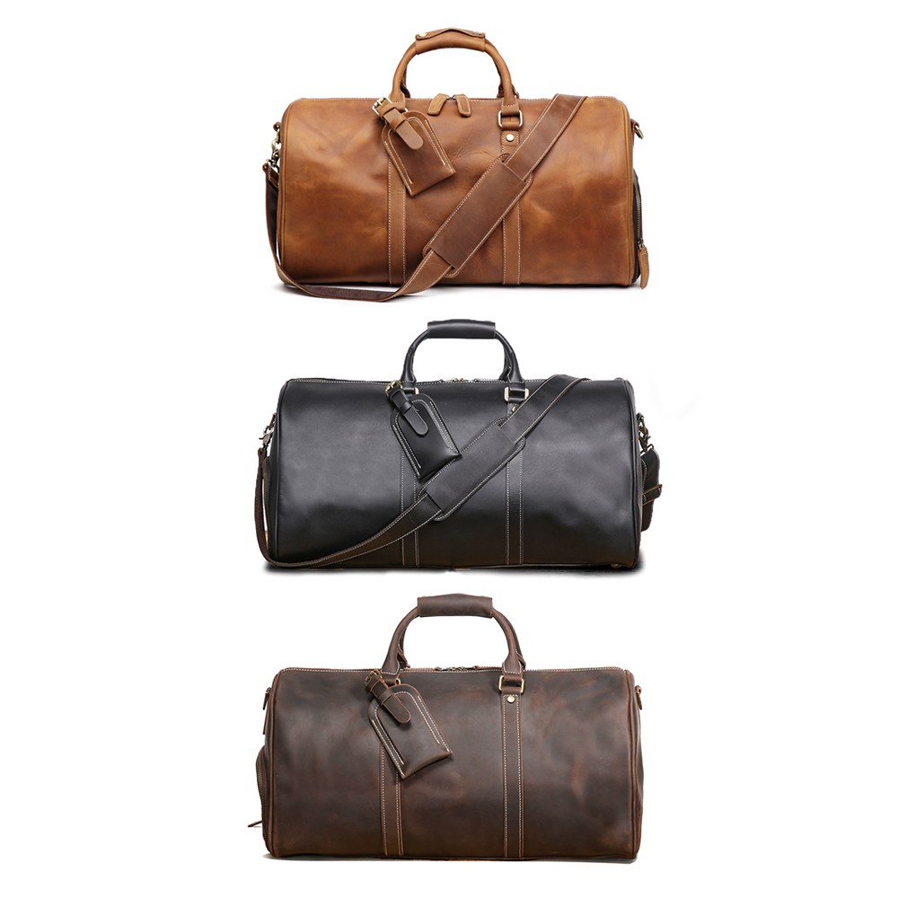 Retro Crazy Horse Leather Duffle Bag with ID Tag-Multiple Colour Options