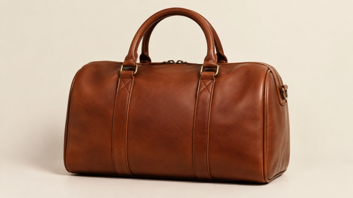 Leather bowling or barrel bag against a plain warm off-white wall