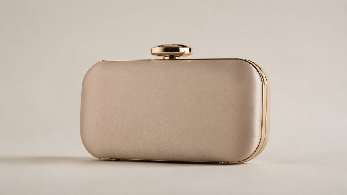 Leather minaudiere evening bag against a plain warm off-white wall