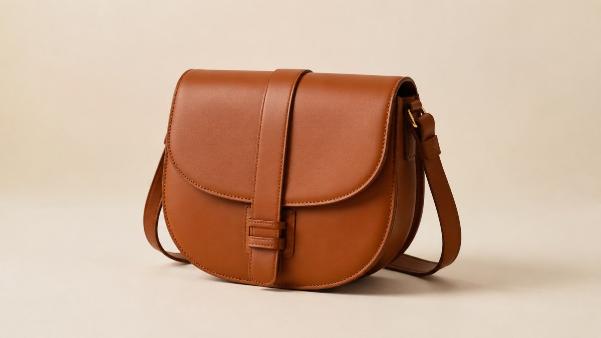 Leather saddle bag against a plain warm off-white wall