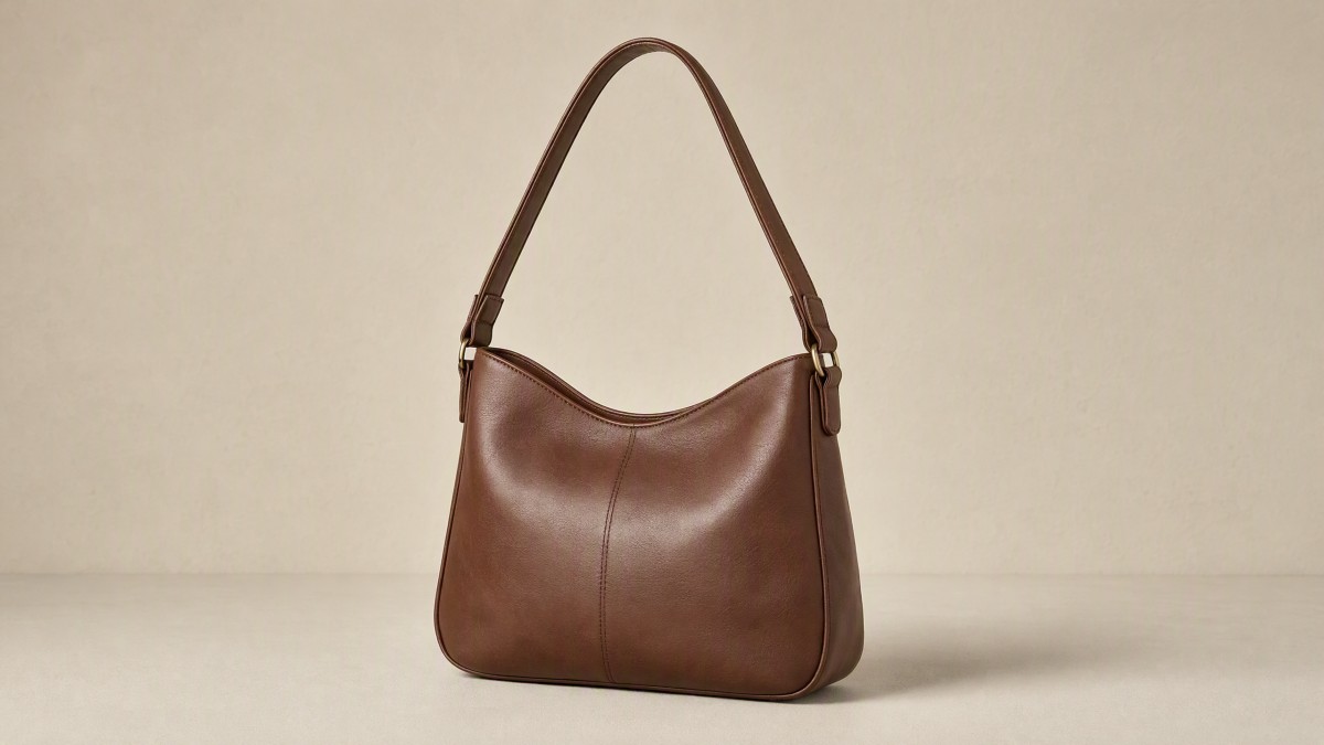 Smooth leather shoulder bag with a single attached shoulder strap against a plain warm off-white wall