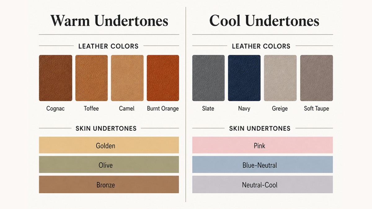 Two-panel chart mapping warm and cool skin undertones to handbag colors