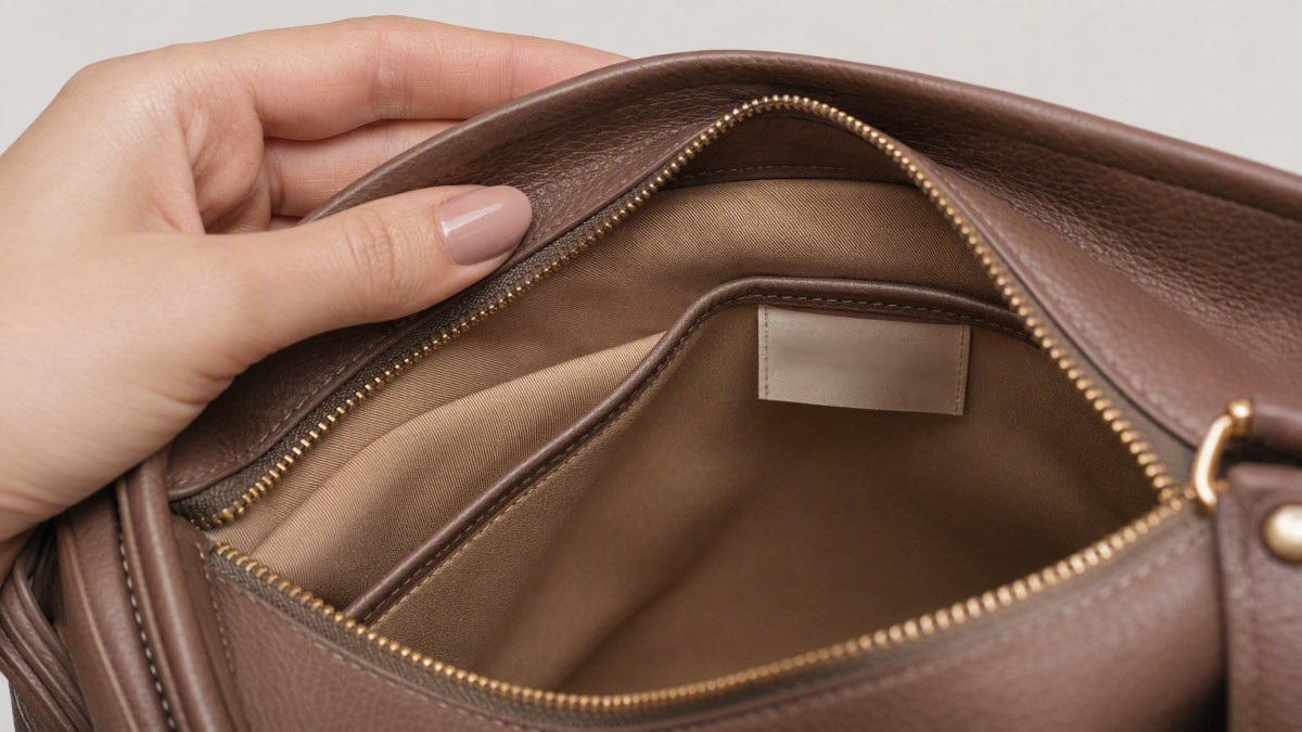 Origin tag inside a leather handbag