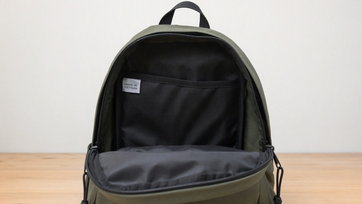 Country-of-origin label inside a backpack