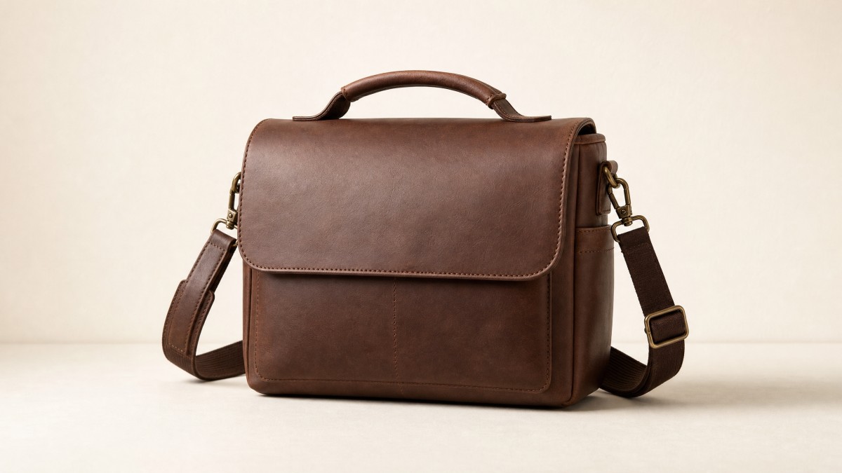 Leather camera bag against a plain warm off-white wall