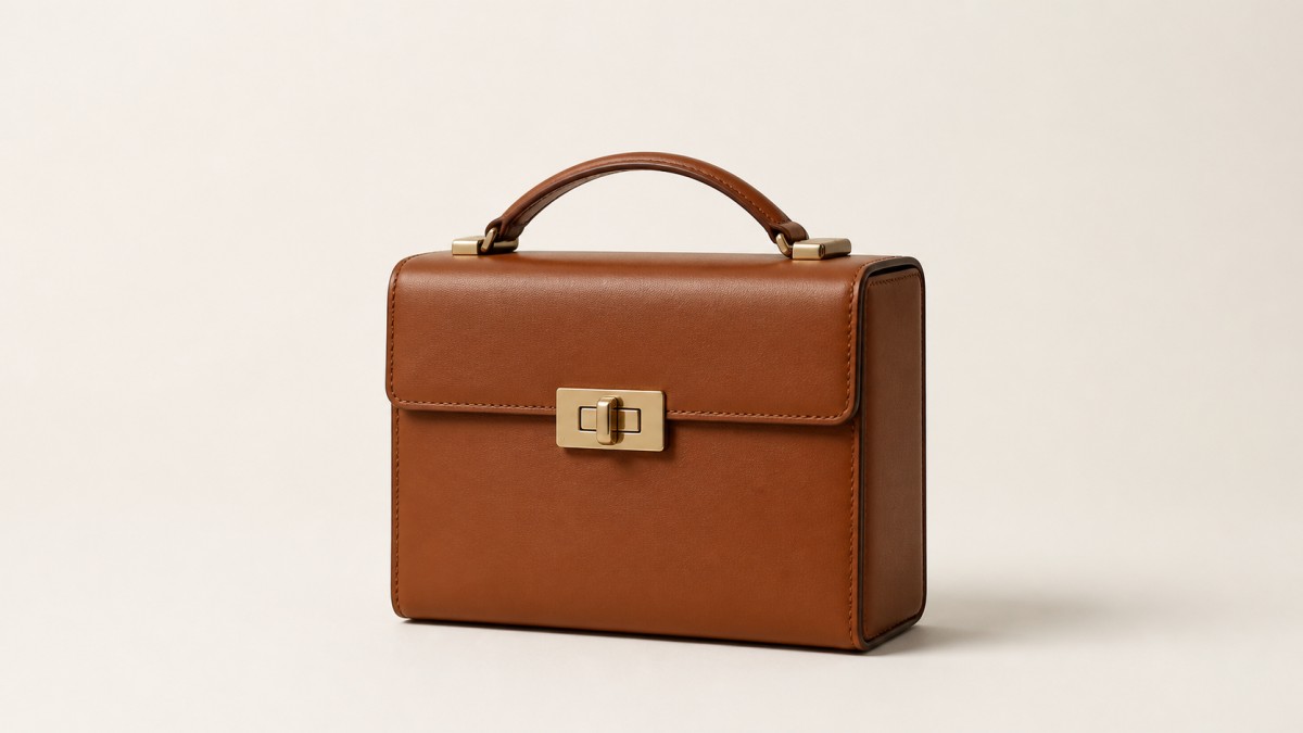 Rigid smooth leather box bag with a short top handle and turn-lock clasp against a plain warm off-white wall