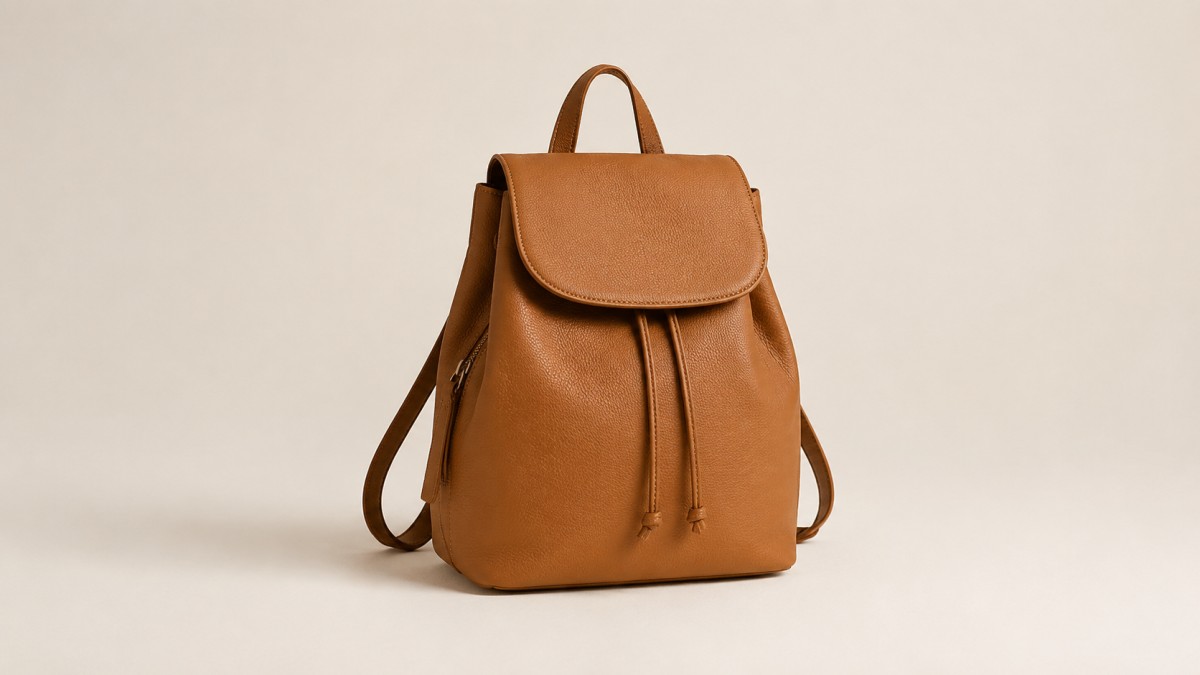 Leather backpack purse against a plain warm off-white wall