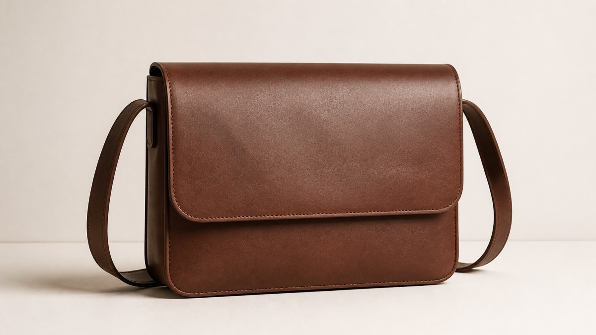 Leather messenger bag against a plain warm off-white wall
