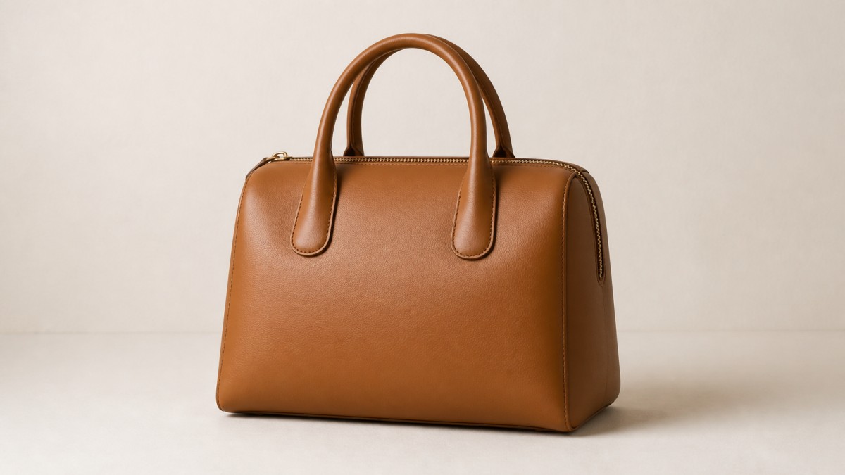 Structured smooth leather top-handle bag with two firm handles and a full top zipper against a plain warm off-white wall