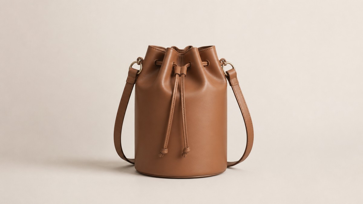 Smooth leather bucket bag with gathered drawstring top and shoulder strap against a plain warm off-white wall