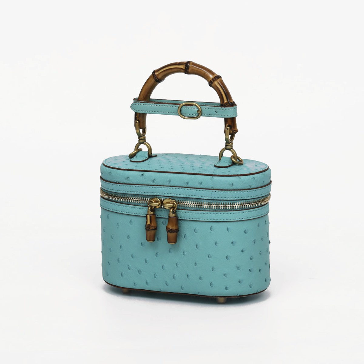 Genuine Ostrich Leather Womens Oval Cosmetic Crossbody with Bamboo Handle-side
