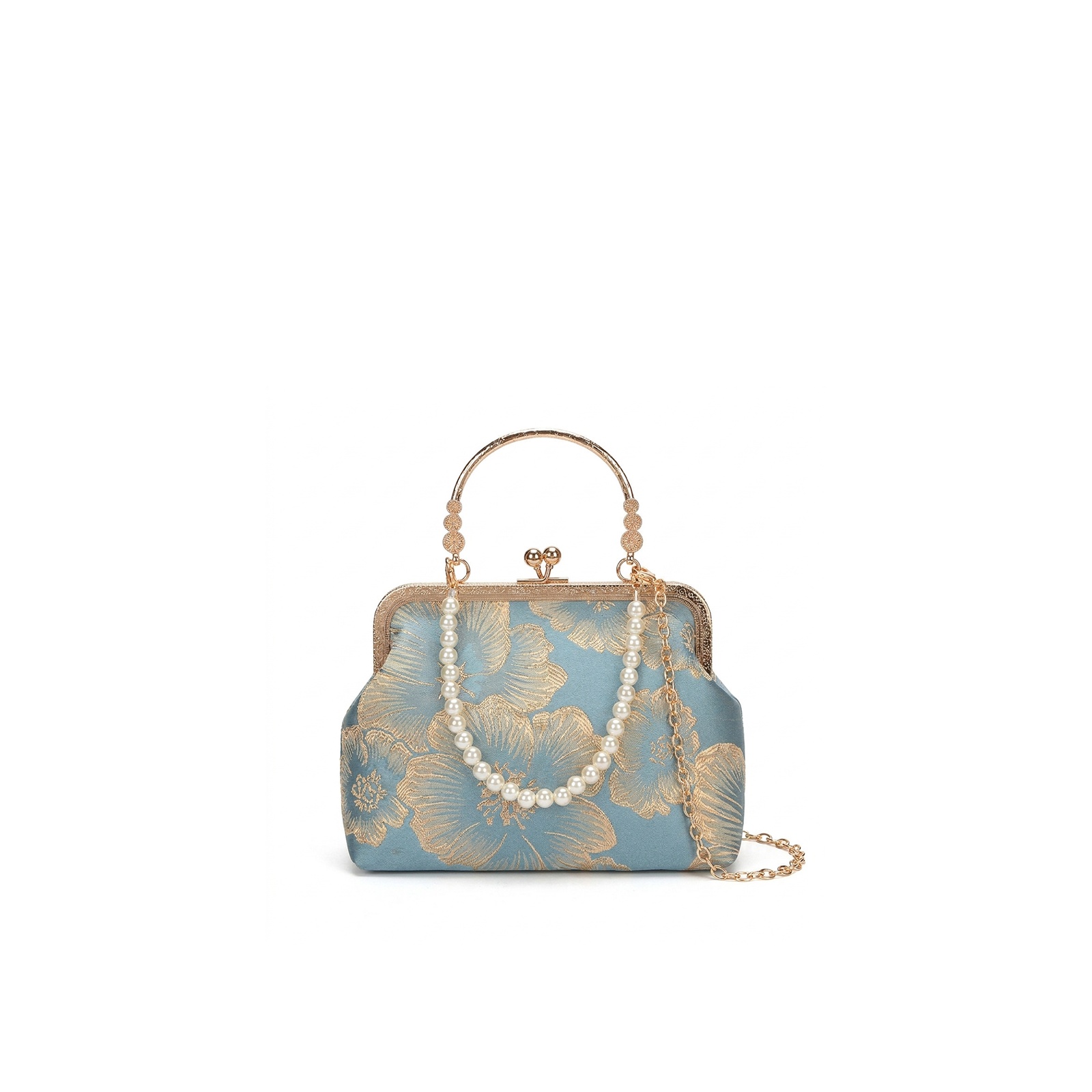 Chinese Style Kiss Lock Floral Shell Evening Bag with Pearl Chain