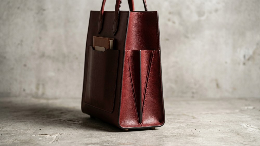 Side profile of a structured leather bag showing flat inset pockets.