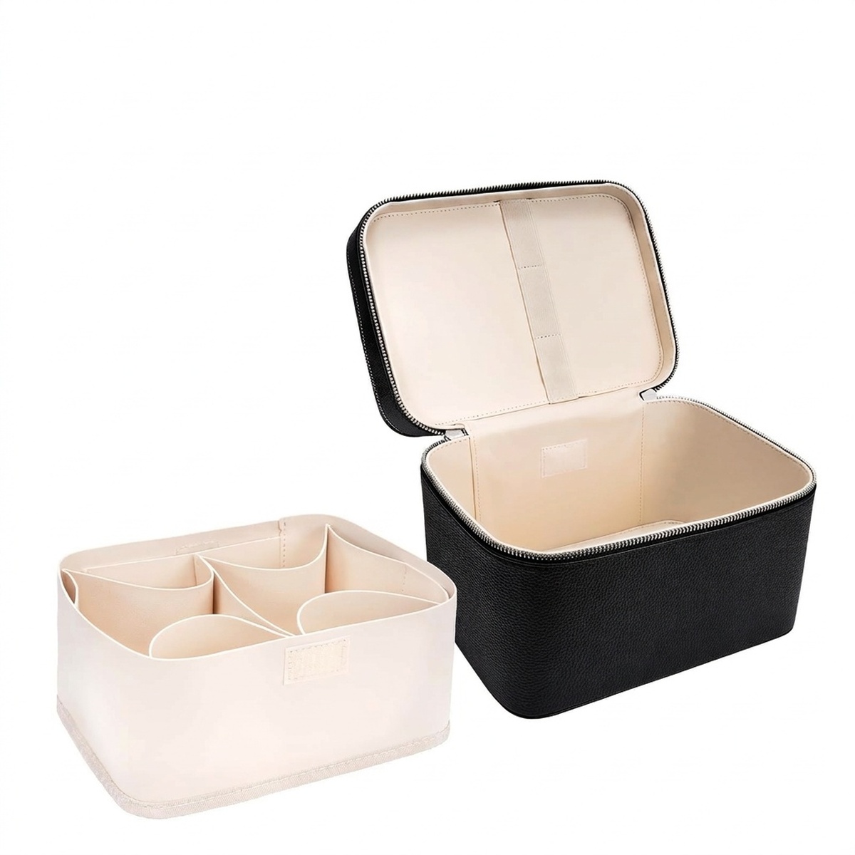 Structured Double-Layer PU Leather Travel Cosmetic Bag-The Bottom Compartment Structured Double-Layer PU Leather Travel Cosmetic Bag-The Bottom Compartment