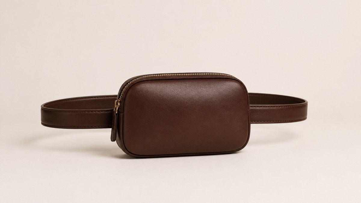 Compact smooth leather belt bag with a wide adjustable strap against a plain warm off-white wall