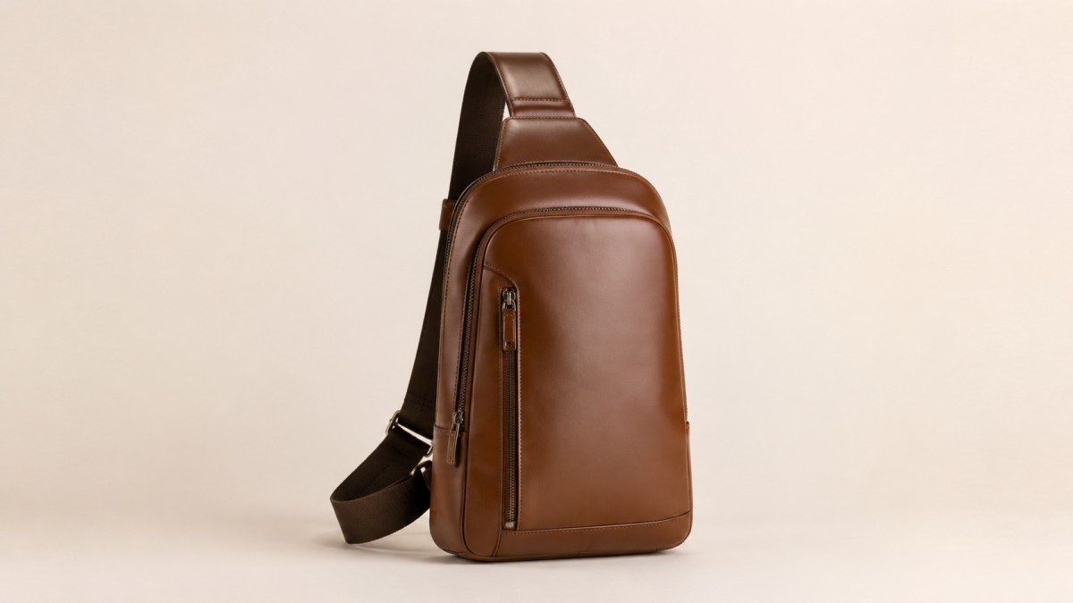 Leather sling bag against a plain warm off-white wall