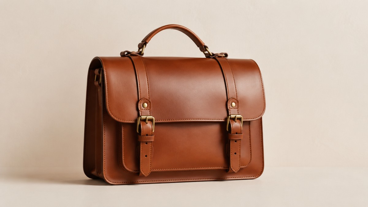 Leather satchel against a plain warm off-white wall