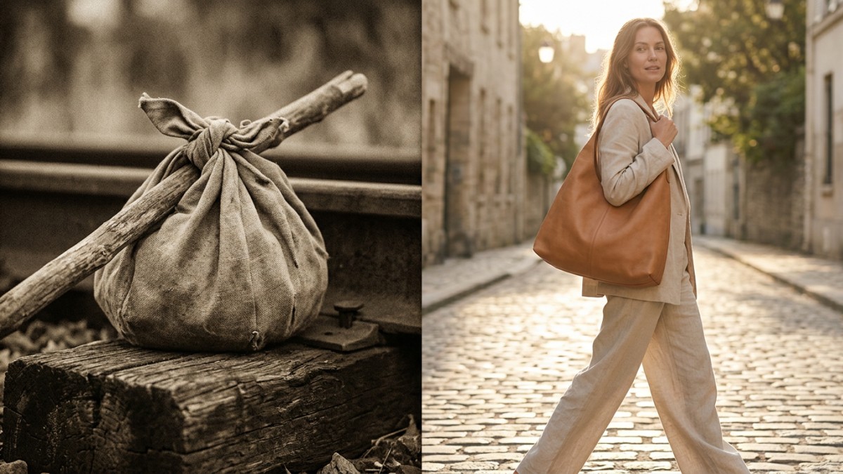 Side-by-side evolution from 1930s bindle sack to modern leather hobo bag