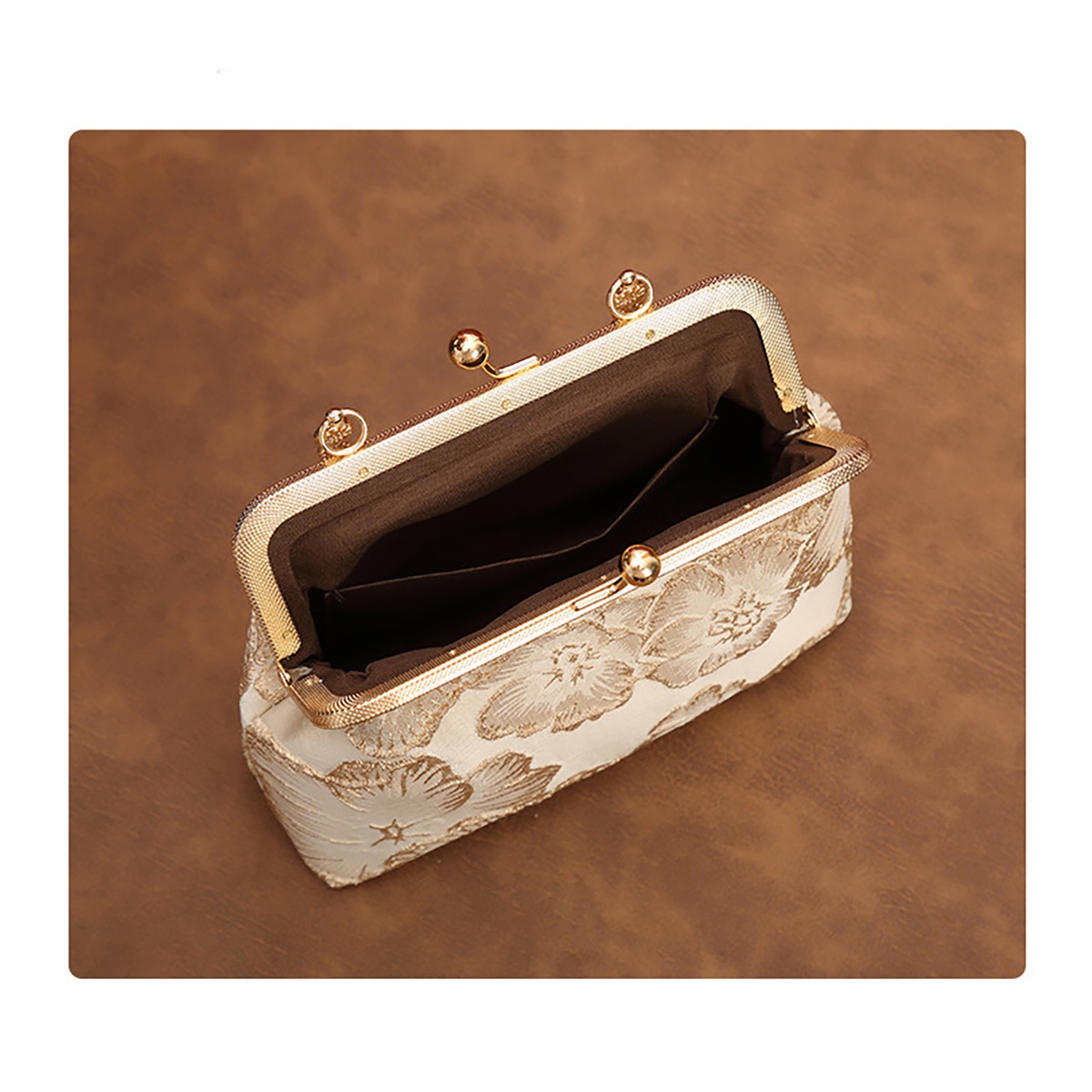 Chinese Style Kiss Lock Floral Shell Evening Bag with Pearl Chain -Secure Kiss-Lock Closure
