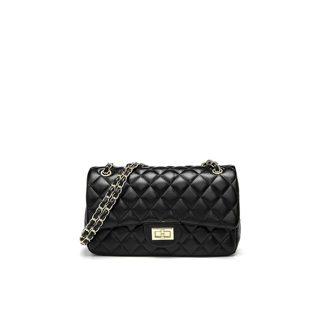 Women's Quilted Leather Crossbody Bag with Golden Ball Chain Strap - Classic Flap Shoulder Handbag
