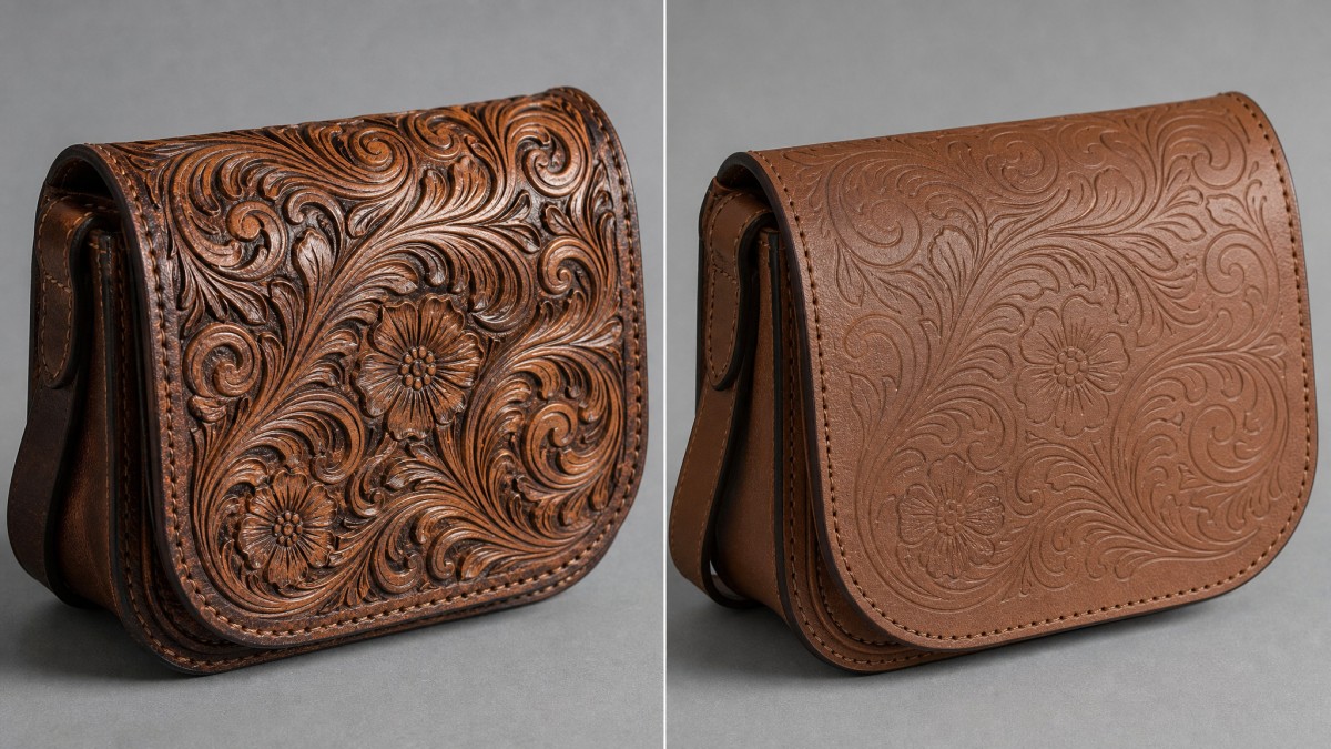 Side-by-side comparison of hand-tooled versus machine-stamped leather bag details