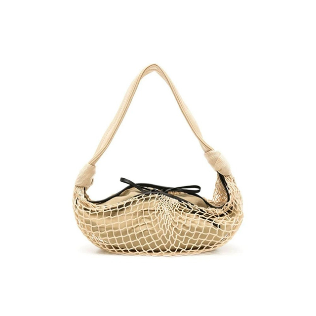 Crescent-Shaped Genuine Leather Crossbody Bag with Woven Net Overlay