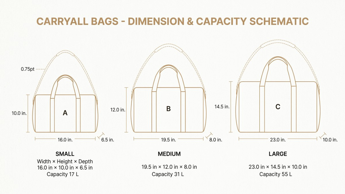 Flat-lay size comparison schematic of small, medium, and large carryall bags