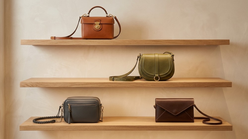 Four small leather crossbody bag archetypes arranged on minimalist oak shelves.